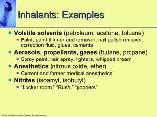 Inhalants: Examples Volatile solvents  (petroleum, acetone, toluene) Paint, paint thinner and remover, nail polish remover, correction fluid, glues, cements Aerosols, propellants, gases  (butane, propane) Spray paint, hair spray, lighters, whipped cream Anesthetics  (nitrous oxide, ether) Current and former medical anesthetics Nitrites  (isoamyl, isobutyl) “ Locker room,” “Rush,” “poppers” © 2008 McGraw-Hill Higher Education. All rights reserved. 