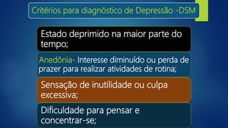 Critérios para diagnóstico de Depressão -DSM
Estado deprimido na maior parte do
tempo;
Anedônia- Interesse diminuído ou perda de
prazer para realizar atividades de rotina;
Sensação de inutilidade ou culpa
excessiva;
Dificuldade para pensar e
concentrar-se;
 