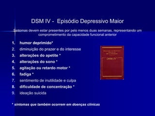 1. humor deprimido*
2. diminuição do prazer e do interesse
3. alterações do apetite *
4. alterações do sono *
5. agitação ou retardo motor *
6. fadiga *
7. sentimento de inutilidade e culpa
8. dificuldade de concentração *
9. ideação suicida
* sintomas que também ocorrem em doenças clínicas
DSM IV - Episódio Depressivo Maior
Sintomas devem estar presentes por pelo menos duas semanas, representando um
comprometimento da capacidade funcional anterior
 