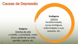 Exógena
Eventos da vida
a solidão, a ansiedade, medo,
stress, perda de um ente
querido, ruptura, etc.
13
Endógena
Interna
herediteriedade,
causas biológicas,
enfermidades e suas
sequelas, etc.
 
