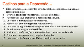 7. Lidar com doenças persistentes sem diagnóstico específico, com doenças
graves ou crônicas.
8. Viver em condições financeiras escassas ou limitadas.
9. Não resolver seus problemas e necessidades sexuais.
10. Lidar com a morte pessoal e de terceiros.
11. Administrar perdas e rejeições naturais na vida.
12. Lidar com as ingratidões e incompreensões típicas do ambiente familiar.
13. Experimentar as agruras da solidão.
14. Aceitar as transformações e alterações físicas decorrentes da idade.
15. Entrar em contato com suas próprias limitações.
16. Lidar com os fenômenos mediúnicos que lhe cercam a vida.
18 Livro Alquimia do Amor, Depressão Cura e Espiritualidade, Adenauer Novaes
 