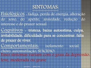 Irene Doin - CEENA- 2016 6
Fisiológicos : fadiga, perda de energia, alteração
do sono, do apetite, ansiedade, redução do
interesse e do prazer sexual.
Cognitivos : tristeza, baixa autoestima, culpa,
irritabilidade, dificuldade para se concentrar, falta
de prazer de viver.
Comportamentais: isolamento social,
chôro, automutilação, SUICÍDIO.
Esses sintomas variam com o grau da depressão:
leve, moderada ou grave
 