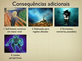 Consequências adicionais
2. Relocação para
regiões afetadas
3.Tormentos,
memórias, pesadelos
4. Lesões
perispirituais
1. Sofrimento contínuo
em maior nível
 