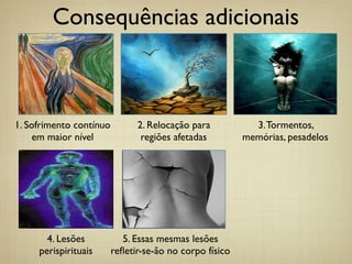 Consequências adicionais
2. Relocação para
regiões afetadas
3.Tormentos,
memórias, pesadelos
4. Lesões
perispirituais
5. Essas mesmas lesões
reﬂetir-se-ão no corpo físico
1. Sofrimento contínuo
em maior nível
 