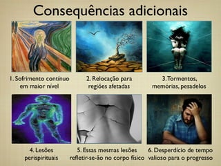 Consequências adicionais
2. Relocação para
regiões afetadas
3.Tormentos,
memórias, pesadelos
4. Lesões
perispirituais
5. Essas mesmas lesões
reﬂetir-se-ão no corpo físico
6. Desperdício de tempo
valioso para o progresso
1. Sofrimento contínuo
em maior nível
 