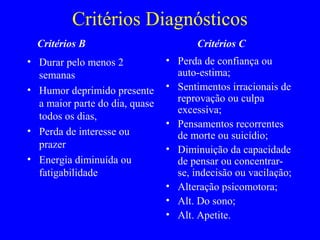 Critérios Diagnósticos
  Critérios B                          Critérios C
• Durar pelo menos 2            • Perda de confiança ou
  semanas                         auto-estima;
• Humor deprimido presente      • Sentimentos irracionais de
  a maior parte do dia, quase     reprovação ou culpa
                                  excessiva;
  todos os dias,
                                • Pensamentos recorrentes
• Perda de interesse ou           de morte ou suicídio;
  prazer                        • Diminuição da capacidade
• Energia diminuída ou            de pensar ou concentrar-
  fatigabilidade                  se, indecisão ou vacilação;
                                • Alteração psicomotora;
                                • Alt. Do sono;
                                • Alt. Apetite.
 