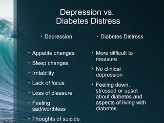 Depression vs.
                   Diabetes Distress
        •   Depression          •   Diabetes Distress

•   Appetite changes        •   More difficult to
                                measure
•   Sleep changes
                            •   No clinical
•   Irritability                depression
•   Lack of focus           •   Feeling down,
•   Loss of pleasure            stressed or upset
                                about diabetes and
•   Feeling                     aspects of living with
    sad/worthless               diabetes
•   Thoughts of suicide
 