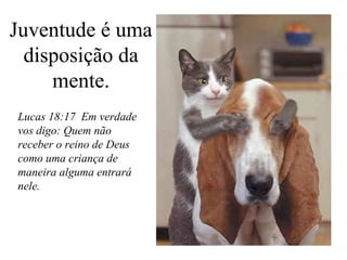 Juventude é uma
disposição da
mente.
Lucas 18:17 Em verdade
vos digo: Quem não
receber o reino de Deus
como uma criança de
maneira alguma entrará
nele.

 