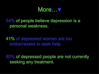 More… ♥ 54%  of people believe depression is a personal weakness.  41%  of depressed women are too embarrassed to seek help.  80%  of depressed people are not currently seeking any treatment.  