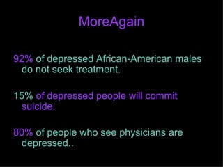 MoreAgain 92%  of depressed African-American males do not seek treatment.   15%  of depressed people will commit suicide.  80%  of people who see physicians are depressed..   