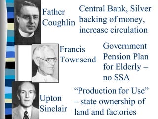 Father   Central Bank, Silver
Coughlin backing of money,
         increase circulation

     Francis     Government
     Townsend Pension Plan
                 for Elderly –
                 no SSA
         “Production for Use”
Upton – state ownership of
Sinclair land and factories
 