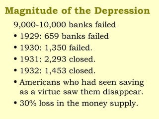 Magnitude of the Depression
9,000-10,000 banks failed
• 1929: 659 banks failed
• 1930: 1,350 failed.
• 1931: 2,293 closed.
• 1932: 1,453 closed.
• Americans who had seen saving
as a virtue saw them disappear.
• 30% loss in the money supply.
 