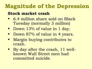 Magnitude of the Depression
Stock market crash
• 6.4 million share sold on Black
Tuesday (normally 3 million)
• Down 13% of value in 1 day.
• Down 87% of value in 4 years.
• Margin buying contributes to
crash.
• By day after the crash, 11 well-
known Wall Street men had
committed suicide.
 