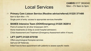 Local Services
Primary Care Liaison Service (Routine advice/referral) 01225 371480
8am to 8pm Mon – Fri
Single point of entry: access to appropriate services thereafter
o BANES Intensive Team (OOH/Emergency) 01225 362814
Point of contact for all other times(open 24/7)
Home treatments (2-3/day to avoid hospital admission)
Crisis Assessment and Treatment (Emergency Assessment within 4 hours)
o LIFT (IAPT) 01225 675150
Offers psychological therapies services
Self and GP Referrals
Initial Face-to-face appointment with patients to assess specific needs
CAMHS 0117 3604040
Mon – Fri 9am to 5pm
 