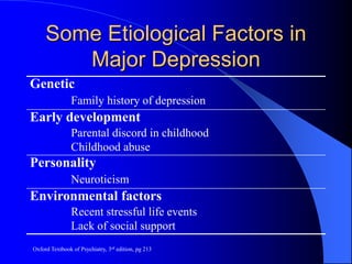 Some Etiological Factors in
Major Depression
Genetic
Family history of depression
Early development
Parental discord in childhood
Childhood abuse
Personality
Neuroticism
Environmental factors
Recent stressful life events
Lack of social support
Oxford Textbook of Psychiatry, 3rd edition, pg 213
 