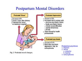 Postpartum Mental Disorders
Postpartum psychoses
1. Organic
2. Mood
a. unipolar
b. bipolar
3. Schizophrenic
 