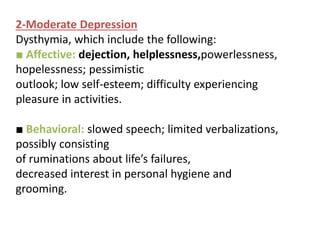 2-Moderate Depression
Dysthymia, which include the following:
■ Affective: dejection, helplessness,powerlessness,
hopelessness; pessimistic
outlook; low self-esteem; difficulty experiencing
pleasure in activities.
■ Behavioral: slowed speech; limited verbalizations,
possibly consisting
of ruminations about life’s failures,
decreased interest in personal hygiene and
grooming.
 