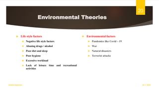 Environmental Theories
 Life style factors
 Negative life style factors
 Abusing drugs / alcohol
 Poor diet and sleep
 Poor hygiene
 Excessive workload
 Lack of leisure time and recreational
activities
 Environmental factors
 Pandemics like Covid – 19
 War
 Natural disasters
 Terrorist attacks
18-11-2022
Sathish Rajamani
20
 