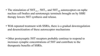 • The stimulation of 5HT1A , 5HT7, and 5HT1D autoreceptors on raphe
nucleus cell bodies and serotonergic terminals brought on by SSRI
therapy lowers 5HT synthesis and release.
• With repeated treatment with SSRIs, there is a gradual downregulation
and desensitization of these autoreceptor mechanisms
• Other postsynaptic 5HT receptors probably continue to respond to
increases synaptic concentrations of 5HT and contribute to the
therapeutic benefits of SSRIs.
 