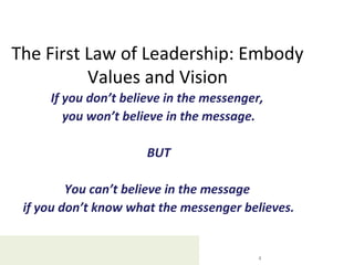 The First Law of Leadership: Embody
Values and Vision
If you don’t believe in the messenger,
you won’t believe in the message.
BUT
You can’t believe in the message
if you don’t know what the messenger believes.
M. M. Callaway (c) 2013
4
 