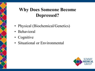 Why Does Someone Become
Depressed?
• Physical (Biochemical/Genetics)
• Behavioral
• Cognitive
• Situational or Environmental
 