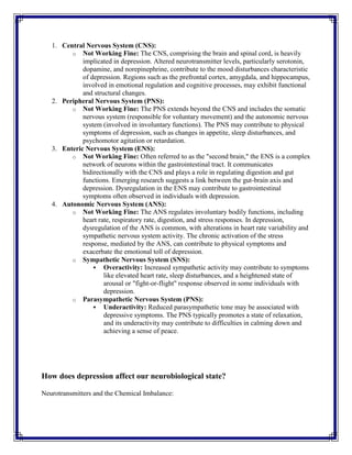 1. Central Nervous System (CNS):
o Not Working Fine: The CNS, comprising the brain and spinal cord, is heavily
implicated in depression. Altered neurotransmitter levels, particularly serotonin,
dopamine, and norepinephrine, contribute to the mood disturbances characteristic
of depression. Regions such as the prefrontal cortex, amygdala, and hippocampus,
involved in emotional regulation and cognitive processes, may exhibit functional
and structural changes.
2. Peripheral Nervous System (PNS):
o Not Working Fine: The PNS extends beyond the CNS and includes the somatic
nervous system (responsible for voluntary movement) and the autonomic nervous
system (involved in involuntary functions). The PNS may contribute to physical
symptoms of depression, such as changes in appetite, sleep disturbances, and
psychomotor agitation or retardation.
3. Enteric Nervous System (ENS):
o Not Working Fine: Often referred to as the "second brain," the ENS is a complex
network of neurons within the gastrointestinal tract. It communicates
bidirectionally with the CNS and plays a role in regulating digestion and gut
functions. Emerging research suggests a link between the gut-brain axis and
depression. Dysregulation in the ENS may contribute to gastrointestinal
symptoms often observed in individuals with depression.
4. Autonomic Nervous System (ANS):
o Not Working Fine: The ANS regulates involuntary bodily functions, including
heart rate, respiratory rate, digestion, and stress responses. In depression,
dysregulation of the ANS is common, with alterations in heart rate variability and
sympathetic nervous system activity. The chronic activation of the stress
response, mediated by the ANS, can contribute to physical symptoms and
exacerbate the emotional toll of depression.
o Sympathetic Nervous System (SNS):
 Overactivity: Increased sympathetic activity may contribute to symptoms
like elevated heart rate, sleep disturbances, and a heightened state of
arousal or "fight-or-flight" response observed in some individuals with
depression.
o Parasympathetic Nervous System (PNS):
 Underactivity: Reduced parasympathetic tone may be associated with
depressive symptoms. The PNS typically promotes a state of relaxation,
and its underactivity may contribute to difficulties in calming down and
achieving a sense of peace.
How does depression affect our neurobiological state?
Neurotransmitters and the Chemical Imbalance:
 