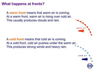 What happens at fronts? A  cold front  means that cold air is coming.  At a cold front, cold air pushes under the warm air.  This produces strong winds and heavy rain.  A  warm front  means that warm air is coming.  At a warm front, warm air is rising over cold air.  This usually produces clouds and rain.  