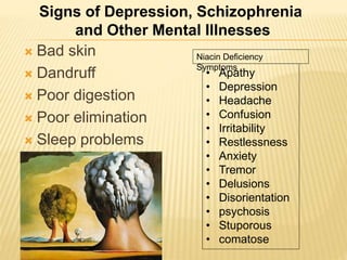  Bad skin
 Dandruff
 Poor digestion
 Poor elimination
 Sleep problems
Signs of Depression, Schizophrenia
and Other Mental Illnesses
• Apathy
• Depression
• Headache
• Confusion
• Irritability
• Restlessness
• Anxiety
• Tremor
• Delusions
• Disorientation
• psychosis
• Stuporous
• comatose
Niacin Deficiency
Symptoms
 