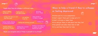 page   6                                                                                                                                         page     7

 People show they are unhappy in different ways...
                                                       ✪                               Wa y s t o h e l p a f r i e n d i f t h e y ’ r e u n h a p p y
 lying or making
 up stories
                          feeling life is
                          not worth living          ✪          worrying
                                                               about things
                                                                                   ✪
                                                                                       or feeling depressed

                                                                                       ✪ listen and try to be sympathetic
  eating a lot more or a lot                             being moody or
                                      not wanting
  less than usual                                        irritable or snappy           ✪ don’t expect them just to snap out of it
                                      to go out
                                                                                       ✪ don’t criticise or tease them


                                                                                                                                             ✪
having trouble sleeping                                          crying a lot
                               feeling like harming yourself                           ✪ try and get them to talk about how they feel
or having bad dreams
                                                                                       ✪ be patient and allow them time to talk
                                                        feeling no-one likes you
 stealing things or        feeling lazy or bored        or people are talking          ✪ try and help them look for help
 getting into trouble      and tired a lot              behind your back

 Maybe you recognise some of these in yourself or in a friend?
                                                                                                                                                    ☛
 