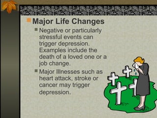 Major Life Changes
 Negative or particularly
stressful events can
trigger depression.
Examples include the
death of a loved one or a
job change.
 Major Illnesses such as
heart attack, stroke or
cancer may trigger
depression.
 