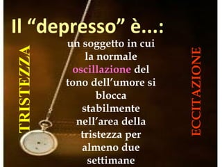 Il “depresso” è...: TRISTEZZA ECCITAZIONE un soggetto in cui la normale  oscillazione  del tono dell’umore si blocca stabilmente nell’area della tristezza per almeno due settimane 