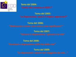 Tema del 2004:  ”Conto alla rovescia al 2020 !”   Tema del 2005:    ”La Depressione: qual è il miglior approccio?” Tema del 2006:    ”Malinconia e ansia: cosa sono e cosa significano?   ” Tema del 2007:    ”Vincere la depressione: i giovani e la vita” Tema del 2008:    ”Emozioni e depressione nelle fasi della vita ” Tema del 2009:    ”Le depressioni: spesso non viaggiano da sole...” 