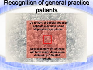 Recognition of general practice
            patients
                                   Up to 50% of general practice
                                     patients may have some
                                      depressive symptoms.




                                    Approximately 5% of these
                                    will have major depression
                                        defined by DSM-III-R
                                              criteria.

Freeling and Tylee (1992); Regier et al (1988); Vazquez-Barquero et al (1987)
 