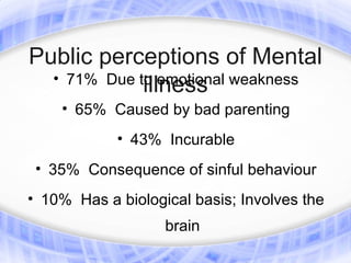 Public perceptions of Mental
  • 71% Due to emotional weakness
             illness
    • 65% Caused by bad parenting
            • 43% Incurable
 • 35% Consequence of sinful behaviour
• 10% Has a biological basis; Involves the
                   brain
 