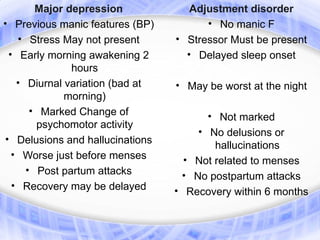 Major depression             Adjustment disorder
• Previous manic features (BP)         • No manic F
   • Stress May not present      • Stressor Must be present
 • Early morning awakening 2       • Delayed sleep onset
              hours
   • Diurnal variation (bad at   • May be worst at the night
             morning)
      • Marked Change of               • Not marked
       psychomotor activity
                                     • No delusions or
• Delusions and hallucinations
                                         hallucinations
  • Worse just before menses       • Not related to menses
     • Post partum attacks        • No postpartum attacks
  • Recovery may be delayed      • Recovery within 6 months
 