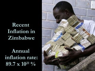 Recent  Inflation in Zimbabwe Annual  inflation rate: 89.7 x 10 21  %  