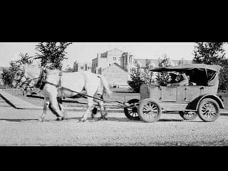 Horse pulling a car. 