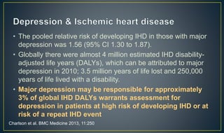 • The pooled relative risk of developing IHD in those with major 
depression was 1.56 (95% CI 1.30 to 1.87). 
• Globally there were almost 4 million estimated IHD disability-adjusted 
life years (DALYs), which can be attributed to major 
depression in 2010; 3.5 million years of life lost and 250,000 
years of life lived with a disability. 
• Major depression may be responsible for approximately 
3% of global IHD DALYs warrants assessment for 
depression in patients at high risk of developing IHD or at 
risk of a repeat IHD event 
Charlson et al. BMC Medicine 2013, 11:250 
 