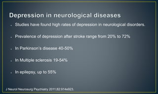 ● Studies have found high rates of depression in neurological disorders. 
● Prevalence of depression after stroke range from 20% to 72% 
● In Parkinson’s disease 40-50% 
● In Multiple sclerosis 19-54% 
● In epilepsy, up to 55% 
J Neurol Neurosurg Psychiatry 2011;82:914e923. 
 