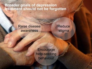 Broader goals of depression
treatment should not be forgotten

Raise disease
awareness

Reduce
stigma

Encourage
help-seeking
behaviour
11

 