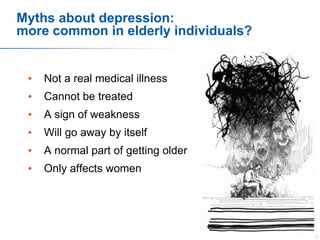 Myths about depression:
more common in elderly individuals?

•

Not a real medical illness

•

Cannot be treated

•

A sign of weakness

•

Will go away by itself

•

A normal part of getting older

•

Only affects women

13

 