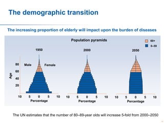 The demographic transition
The increasing proportion of elderly will impact upon the burden of diseases
Population pyramids

60+
0–59

1950

Age

80

Male

2000

2050

Female

60
40
20

10

5

0
5
Percentage

10

10

5

0
5
Percentage

10

10

5

0
5
Percentage

10

The UN estimates that the number of 80–89-year olds will increase 5-fold from 2000–2050
24

 