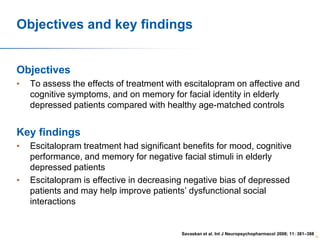 Objectives and key findings

Objectives
•

To assess the effects of treatment with escitalopram on affective and
cognitive symptoms, and on memory for facial identity in elderly
depressed patients compared with healthy age-matched controls

Key findings
•

•

Escitalopram treatment had significant benefits for mood, cognitive
performance, and memory for negative facial stimuli in elderly
depressed patients
Escitalopram is effective in decreasing negative bias of depressed
patients and may help improve patients‟ dysfunctional social
interactions

Savaskan et al. Int J Neuropsychopharmacol 2008; 11: 381–388

75

 