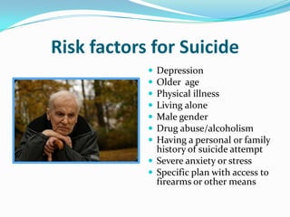 Risk factors for Suicide
 Depression
 Older age
 Physical illness
 Living alone
 Male gender
 Drug abuse/alcoholism
 Having a personal or family
history of suicide attempt
 Severe anxiety or stress
 Specific plan with access to
firearms or other means
 