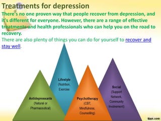 Treatments for depression
There's no one proven way that people recover from depression, and
it's different for everyone. However, there are a range of effective
treatments and health professionals who can help you on the road to
recovery.
There are also plenty of things you can do for yourself to recover and
stay well.
 