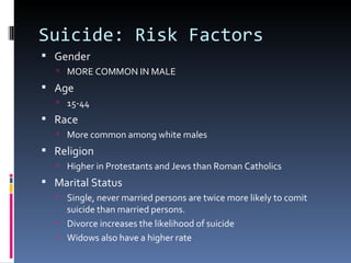 Suicide: Risk Factors
 Gender
   MORE COMMON IN MALE
 Age
   15-44
 Race
   More common among white males
 Religion
   Higher in Protestants and Jews than Roman Catholics
 Marital Status
   Single, never married persons are twice more likely to comit
    suicide than married persons.
   Divorce increases the likelihood of suicide
   Widows also have a higher rate
 