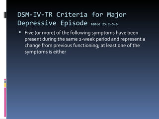 DSM-IV-TR Criteria for Major
Depressive Episode Table 15.1-5-6
 Five (or more) of the following symptoms have been
  present during the same 2-week period and represent a
  change from previous functioning; at least one of the
  symptoms is either
 