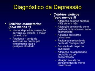 Diagnóstico da Depressão Critérios mandatórios (pelo menos 1) Humor deprimido, sensação de vazio ou tristeza, a maior parte do dia. Anedonia – perda do interesse ou prazer por virtualmente toda e qualquer atividade Critérios eletivos  (pelo menos 5) Alteração do peso corporal >5% em um mês Alteração do ciclo de sono (insônia, hipersonia ou sono interrompido) Agitação ou retardo psicomotor Fadiga ou sensação de perda da “energia vital” Sensação de culpa ou inutilidade Alteração da capacidade decisória ou de concentração Ideação suicida ou pensamentos de morte recorrentes 