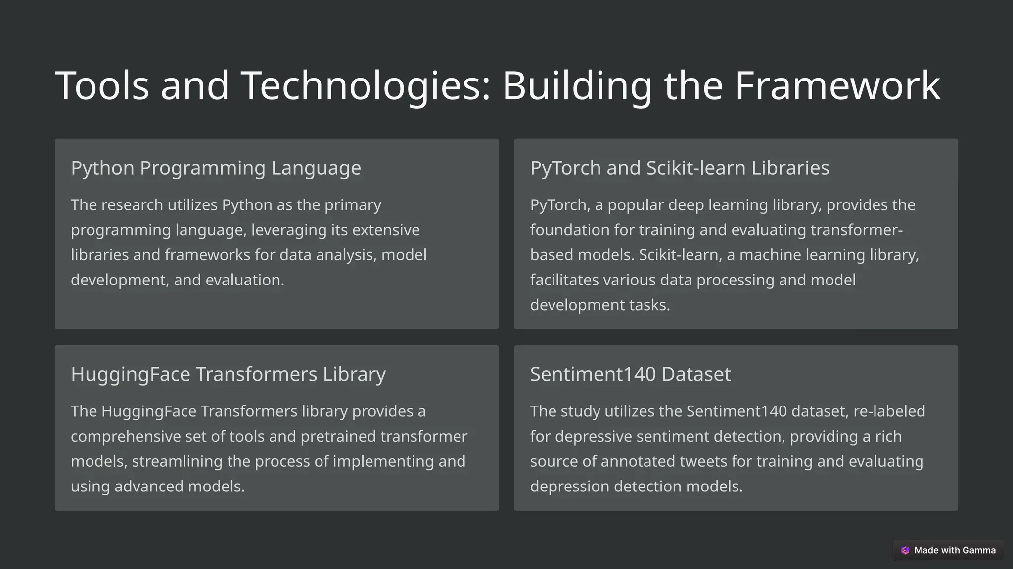 Tools and Technologies: Building the Framework
Python Programming Language
The research utilizes Python as the primary
programming language, leveraging its extensive
libraries and frameworks for data analysis, model
development, and evaluation.
PyTorch and Scikit-learn Libraries
PyTorch, a popular deep learning library, provides the
foundation for training and evaluating transformer-
based models. Scikit-learn, a machine learning library,
facilitates various data processing and model
development tasks.
HuggingFace Transformers Library
The HuggingFace Transformers library provides a
comprehensive set of tools and pretrained transformer
models, streamlining the process of implementing and
using advanced models.
Sentiment140 Dataset
The study utilizes the Sentiment140 dataset, re-labeled
for depressive sentiment detection, providing a rich
source of annotated tweets for training and evaluating
depression detection models.
 