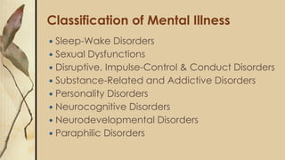 Classification of Mental Illness
 Sleep-Wake Disorders
 Sexual Dysfunctions
 Disruptive, Impulse-Control & Conduct Disorders
 Substance-Related and Addictive Disorders
 Personality Disorders
 Neurocognitive Disorders
 Neurodevelopmental Disorders
 Paraphilic Disorders
 